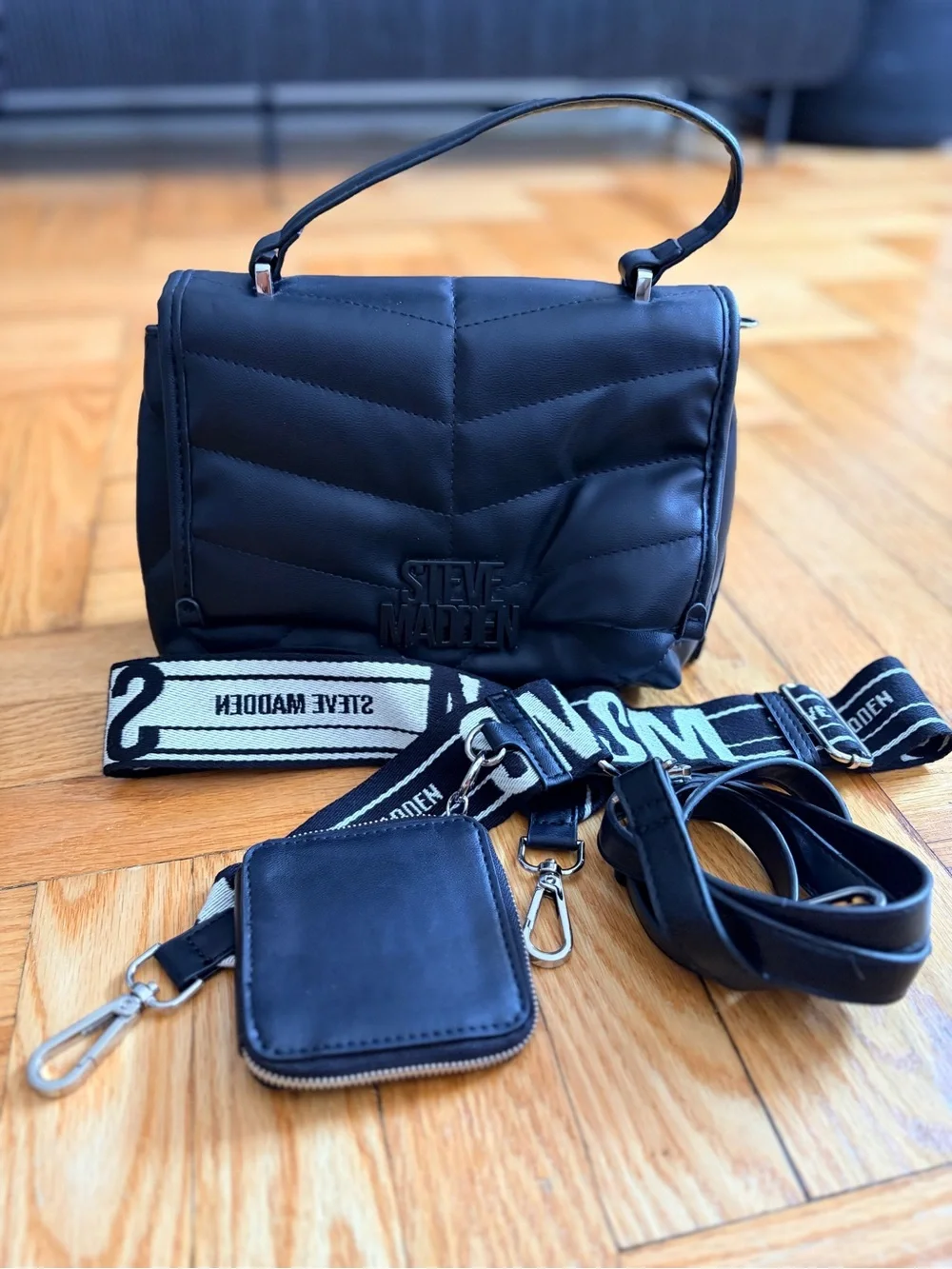 Steve Madden Black Quilted Crossbody with Logo Strap and Coin Pouch